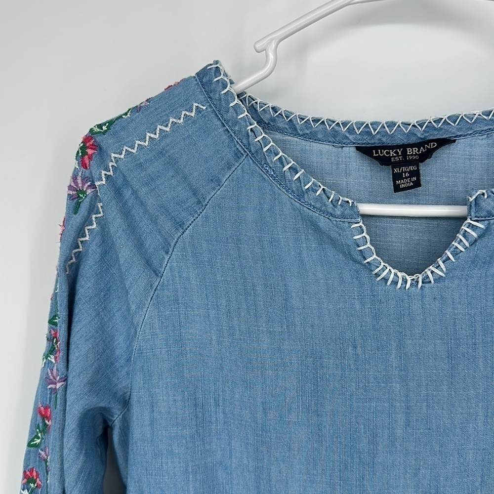 Size XL Lucky Brand Girls Embroidered Cotton Dress Blue Long Sleeve L14 - Picture 4 of 7